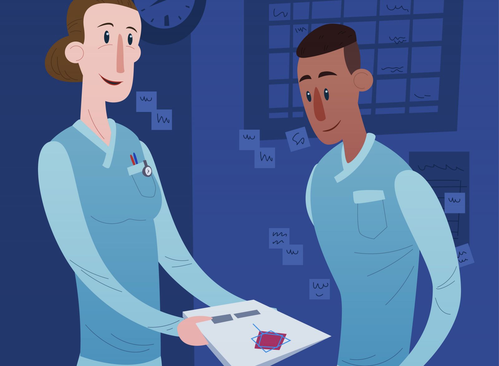 Illustrasjon fra Aldring og helse. To personer, en holder et dokument, den andre tar i mot. 