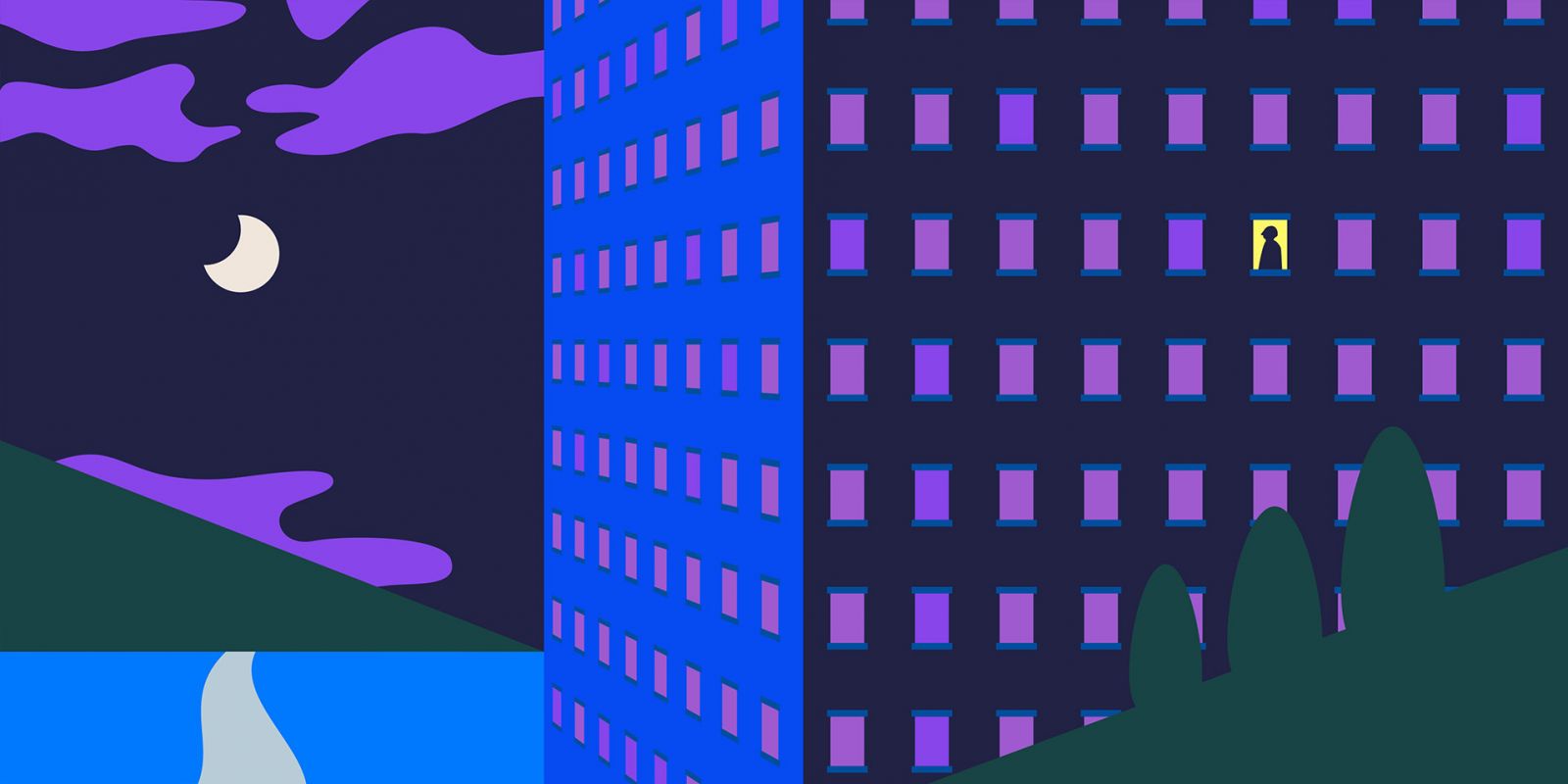En person ser ut av en blokk på natta. Ill av: Aleksander Bro Arntsen