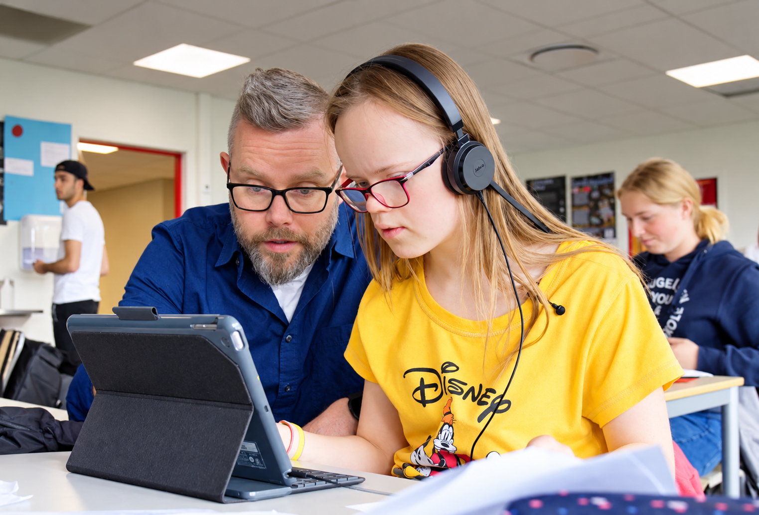 Bildet viser en mann og ungdomsjente som sitter i et klasserom og ser på et nettbrett.