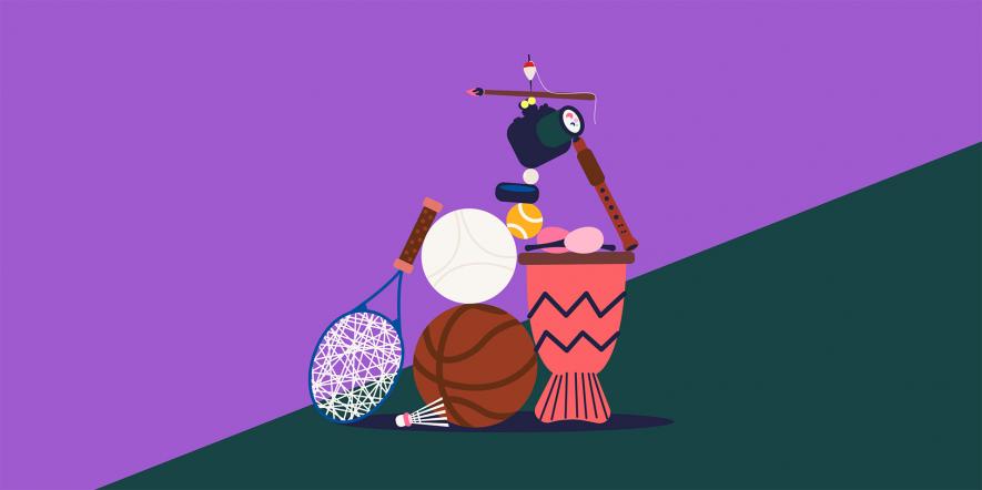 Bilde av ulike fritidsaktiviteter. Illustrasjon av Aleksander Bro Arntsen