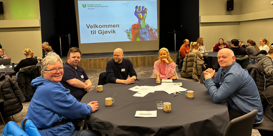 Bildet viser personer i konferansesal