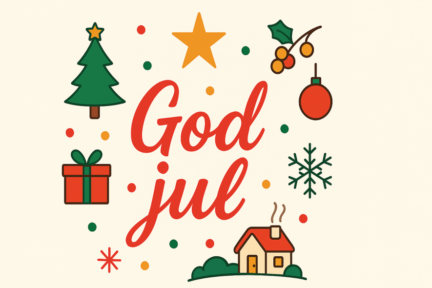 Illustrerer julekort med bilde av god jul og juletre, pakker, stjerne, julekule og et hus. Ki generert ved bruk av Copilot