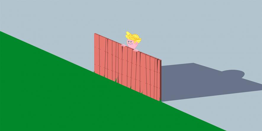 Illustrasjon av en person som ser over et gjerde. Illustratør Aleksander Bo Arntsen