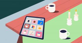 Illustrasjonene viser et nettbrett på et bord med to kaffekopper. Ill av: Aleksander Bro Arntsen